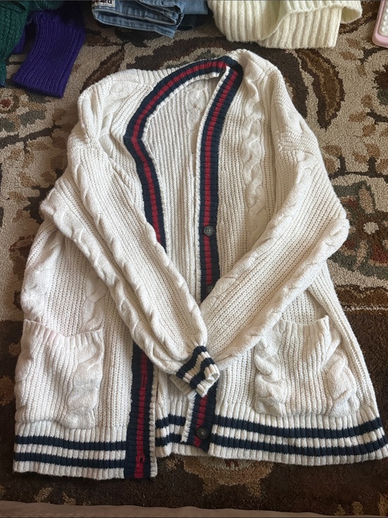 American Eagle Outfitters Sweaters - American Eagle Outfitters White Cable Knit Cardigan with Navy & Red Trim